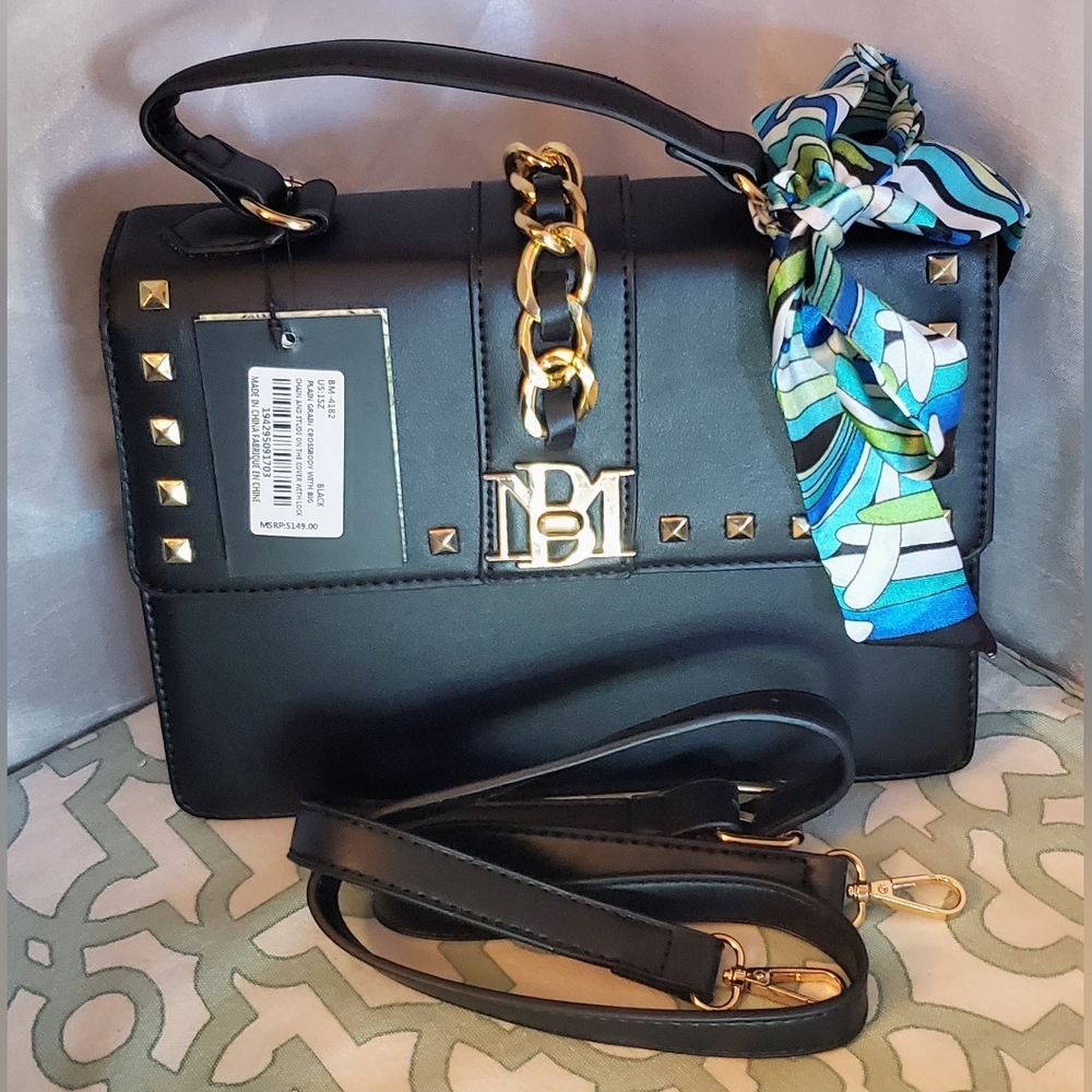 Badgley Mischka Black Vegan Leather Handbag With Twilly. NWT